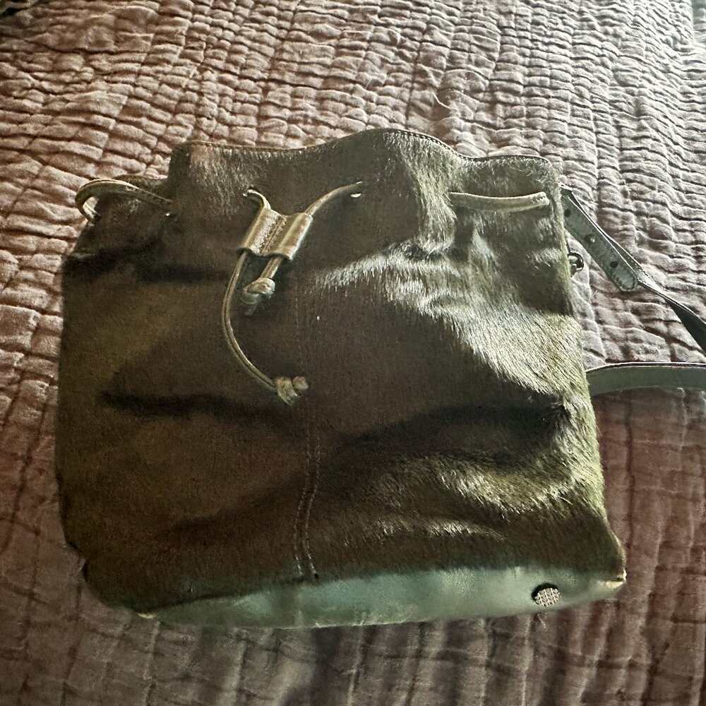 Elizabeth James Faux Fur Bucket Bag- Forest Green